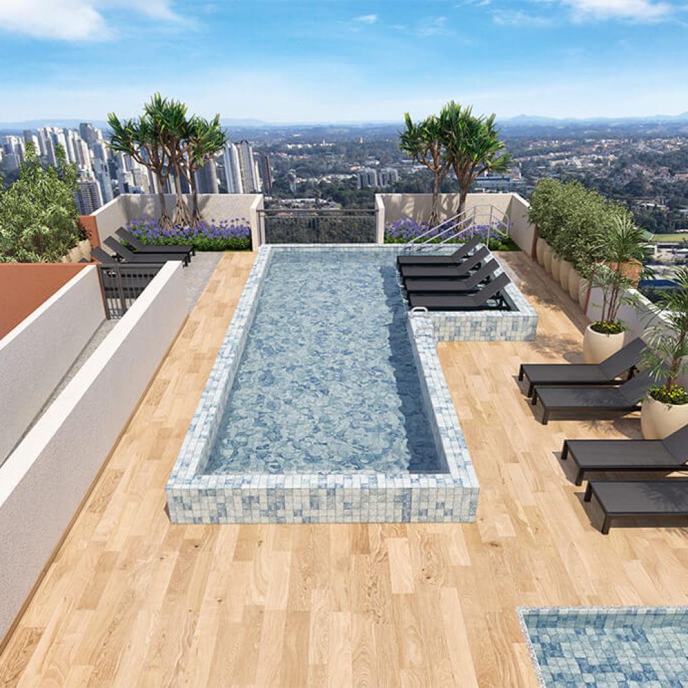 • Lazer no Rooftop; • Vista panorâmica; • Espaço entregue equipado e mobiliado; • Piscina adulto com deck molhado; • Piscina Infantil;
