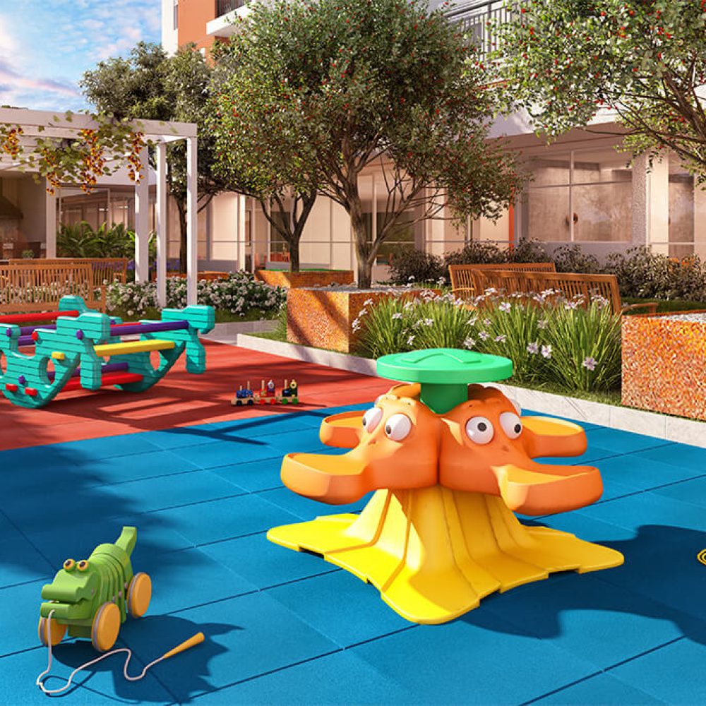 • Playground integrado a brinquedoteca; • Ambiente entregue equipado; • Entregue com piso emborrachado para segurança e conforto das crianças; • Previsto espaço confortável para os pais acompanharem as crianças;
